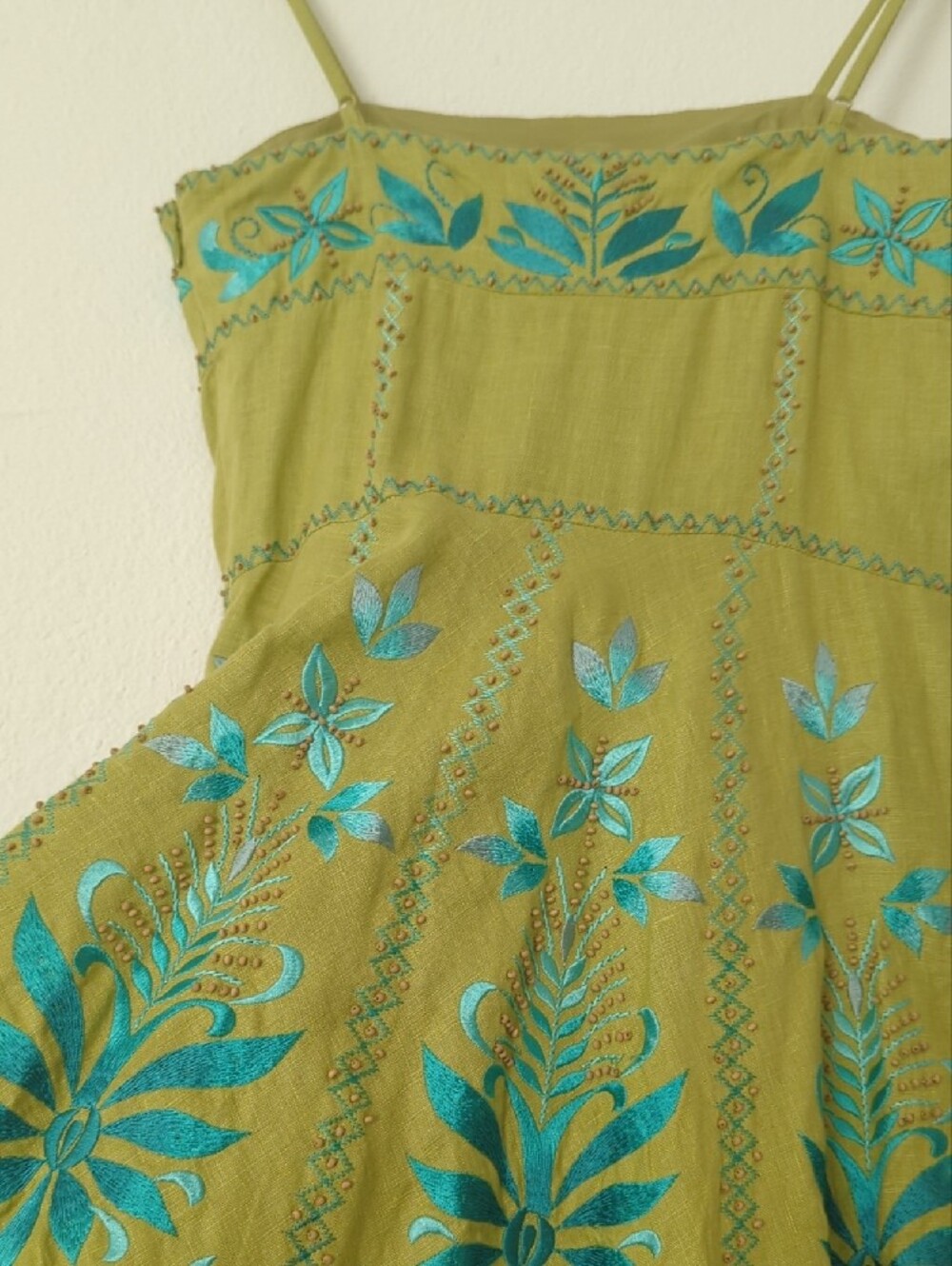 Y2K Sue Wong Linen Spaghetti Strap Dress with Floral Embroidery & Wood Beads - Picture 7 of 17